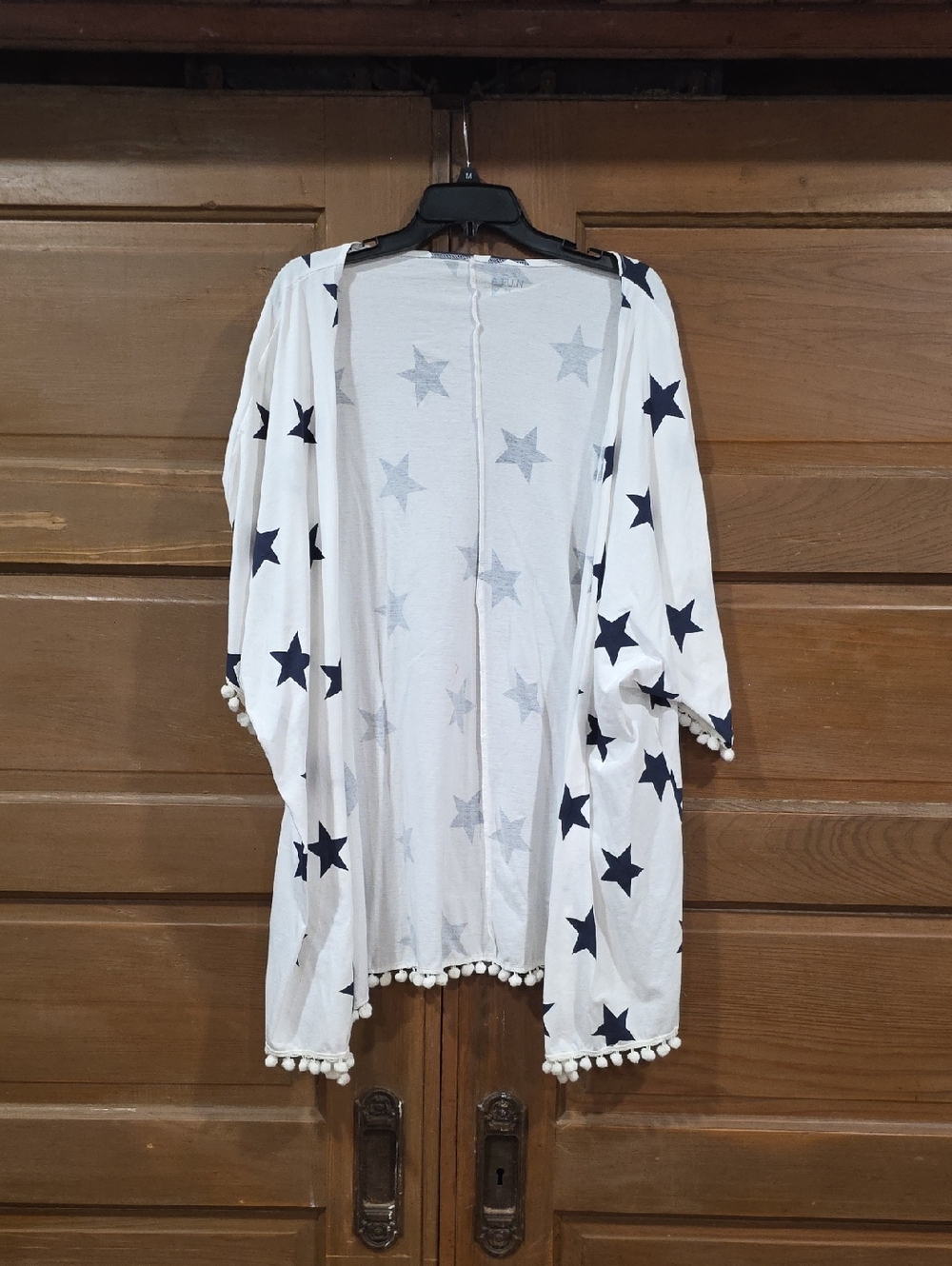 White Star-Print Kimono Tunic with Pom-Pom Trim